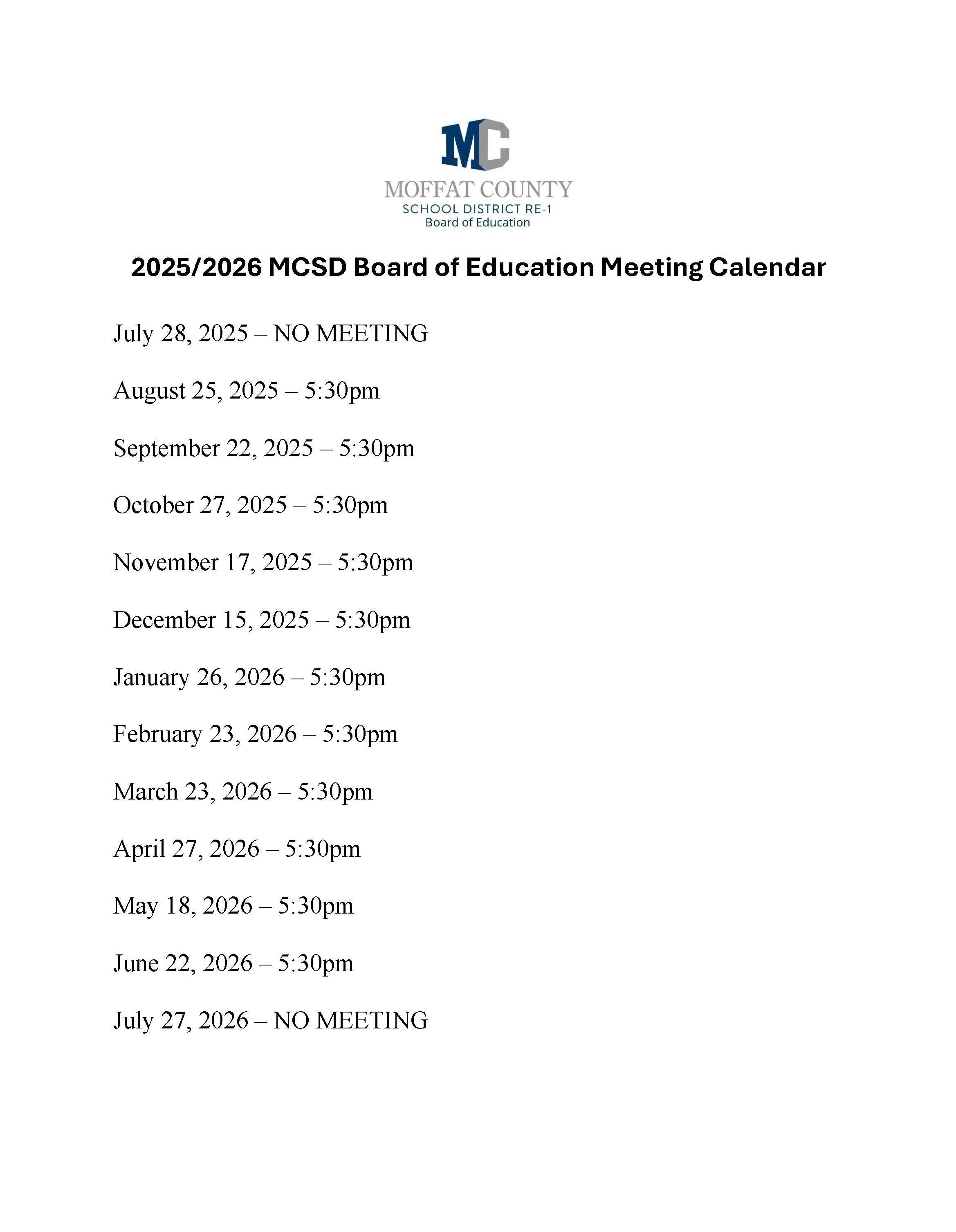 BOE Meeting Schedule 25-26